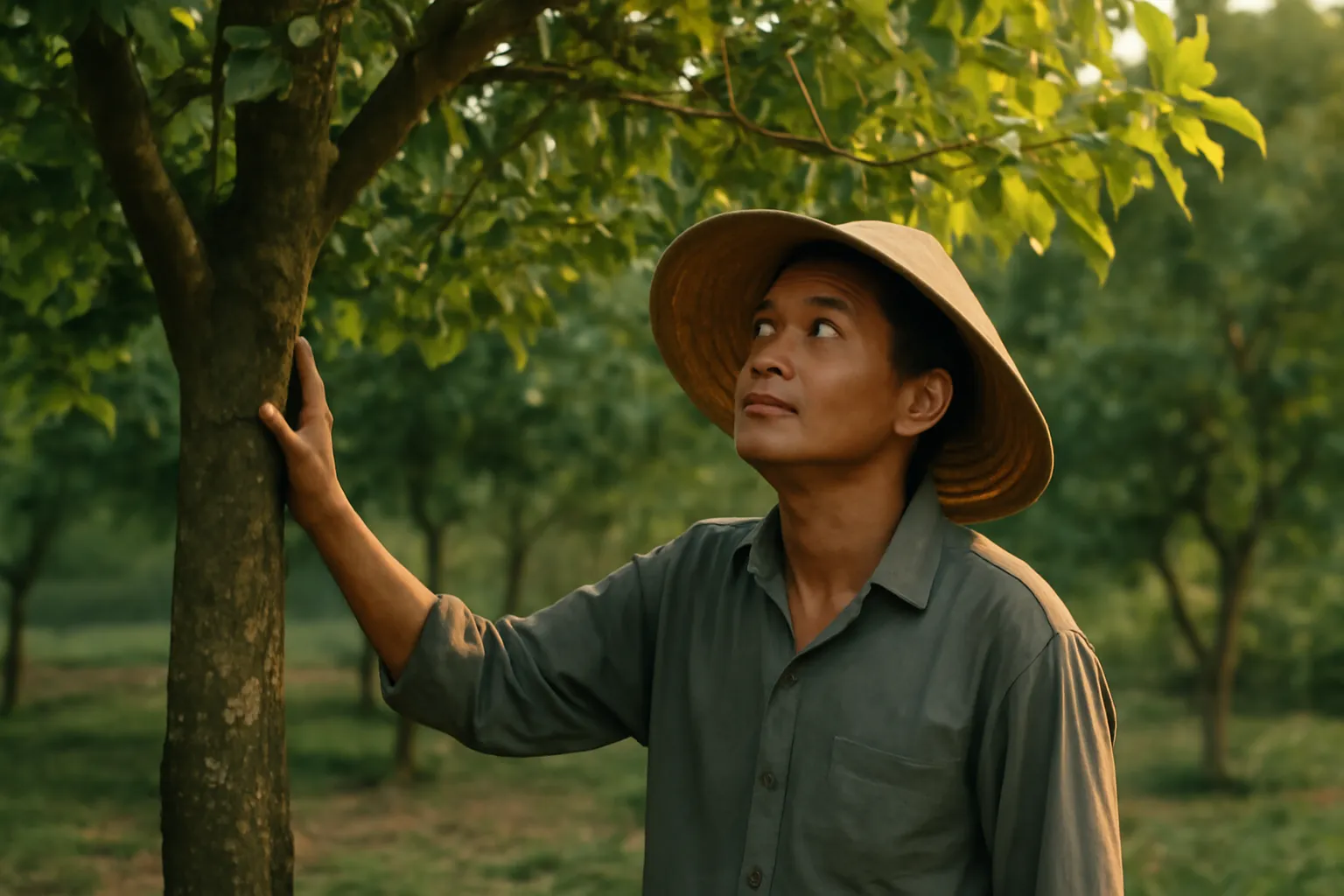 Bàn tay người trồng sờ thân cây vú sữa nhìn lên tán lá không có quả