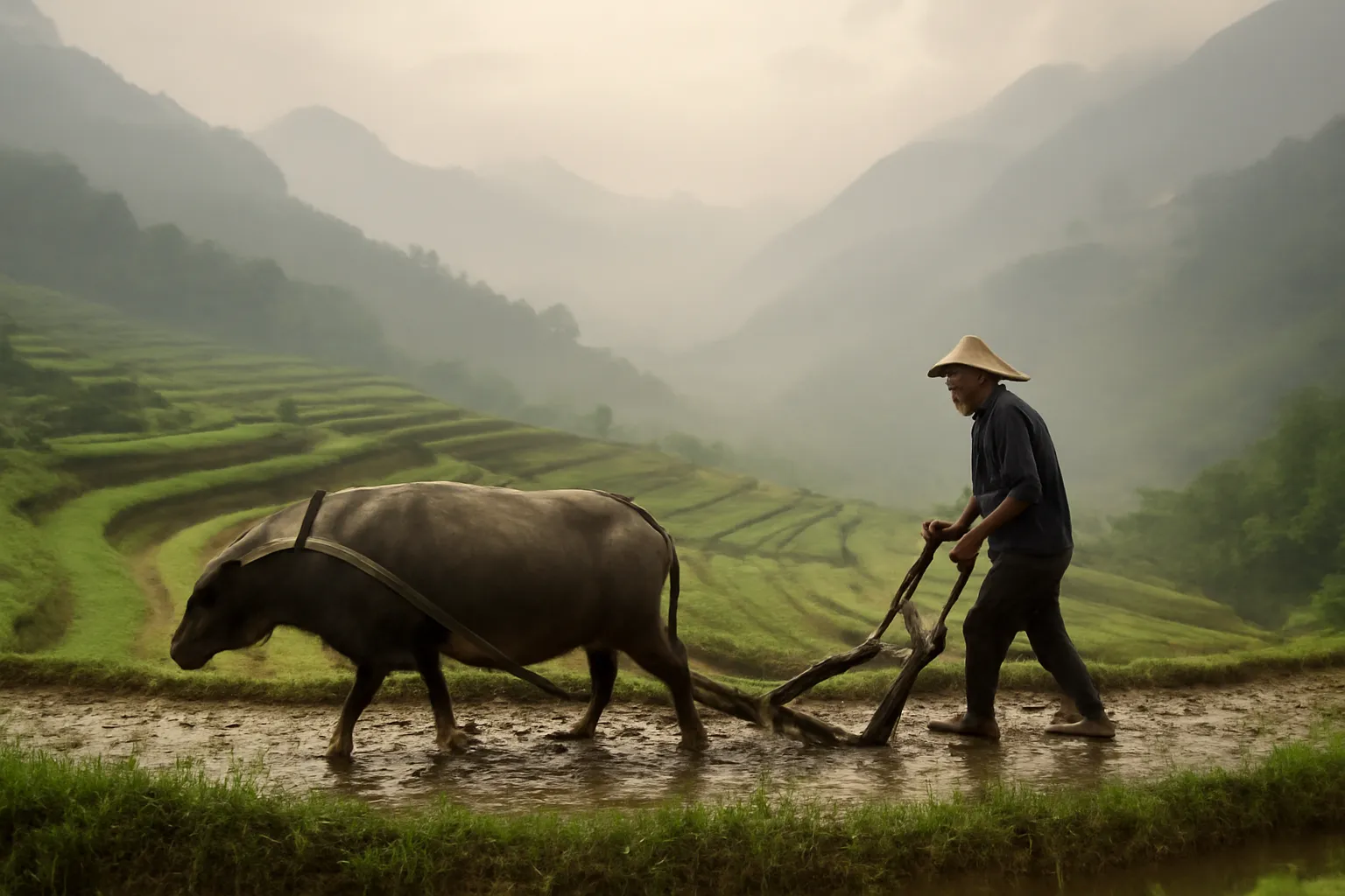 Người nông dân đi sau cày trâu trên ruộng bậc thang vùng núi