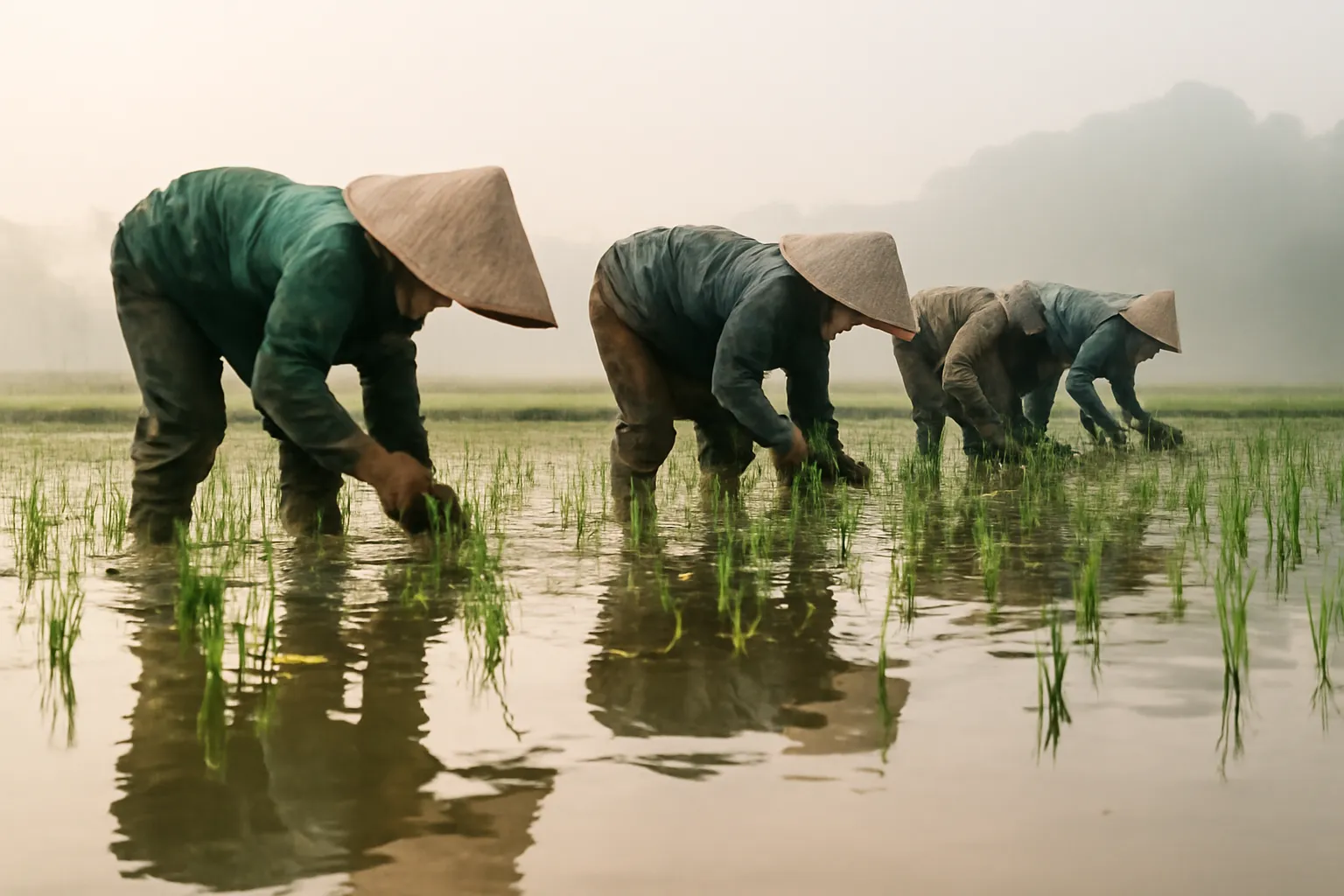 Hàng người cấy lúa lom khom trên ruộng nước buổi sáng có sương mù