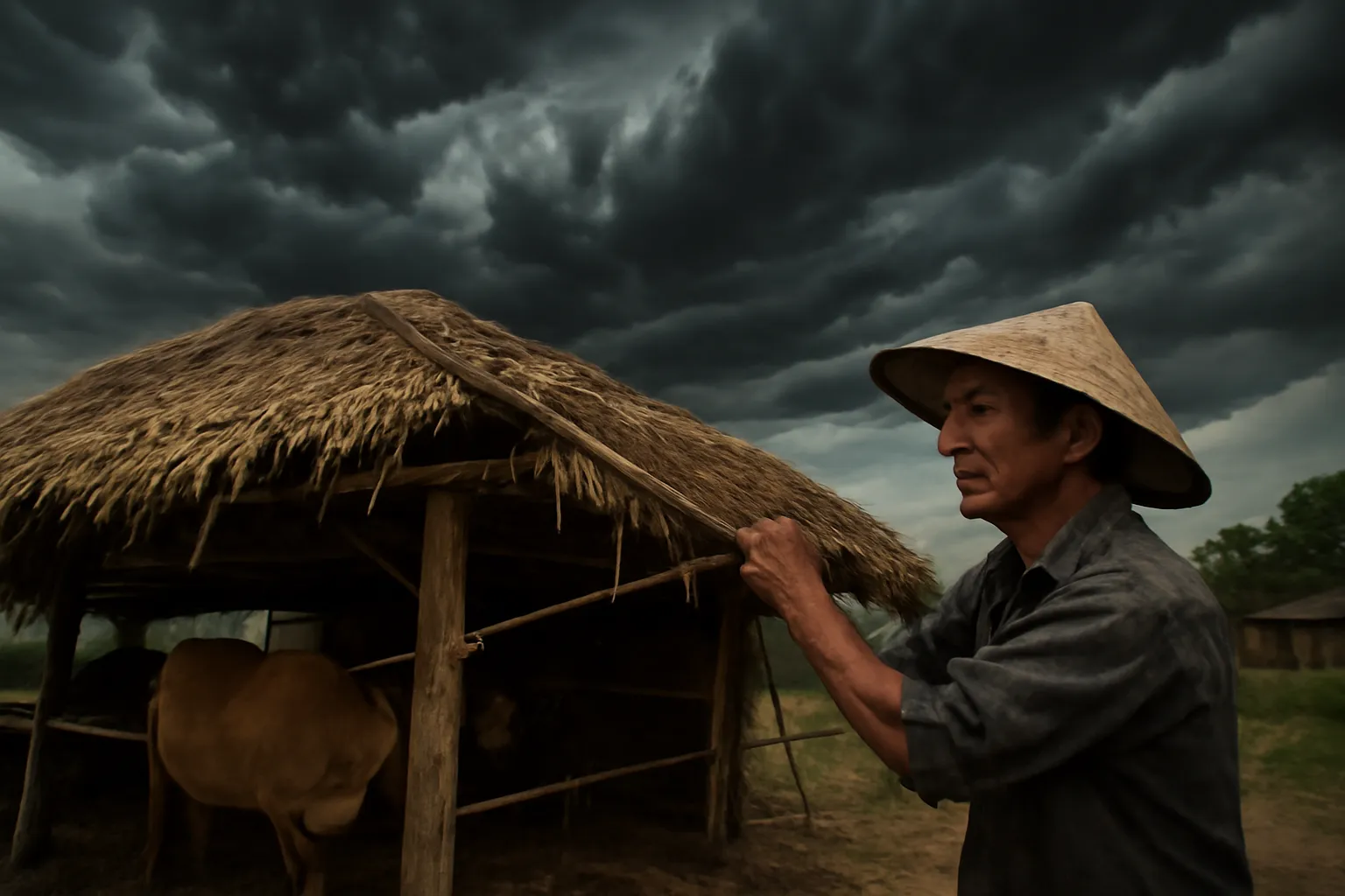 Người đàn ông chằng dây giữ mái chuồng bò dưới bầu trời vần vũ mây