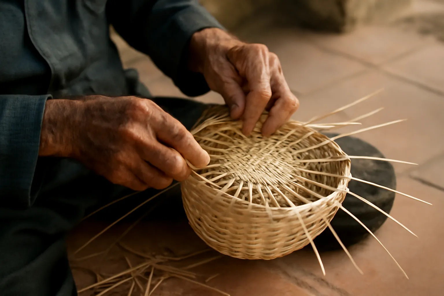 Đôi tay người già đan nan tre thành chiếc rổ dưới mái hiên nhà