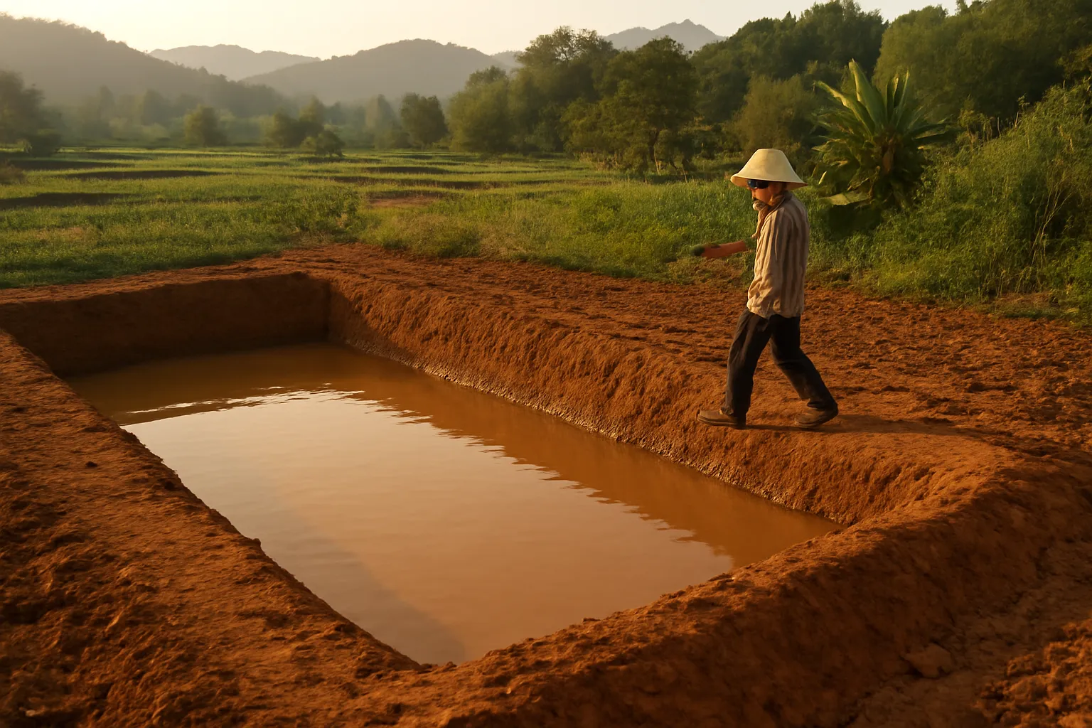Ao mới đào nước còn đục, bờ đất đỏ tươi, ánh chiều nghiêng