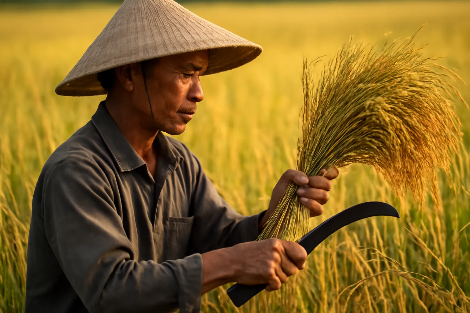 Người đàn ông chọn những bông lúa to đều trên thửa ruộng chín vàng