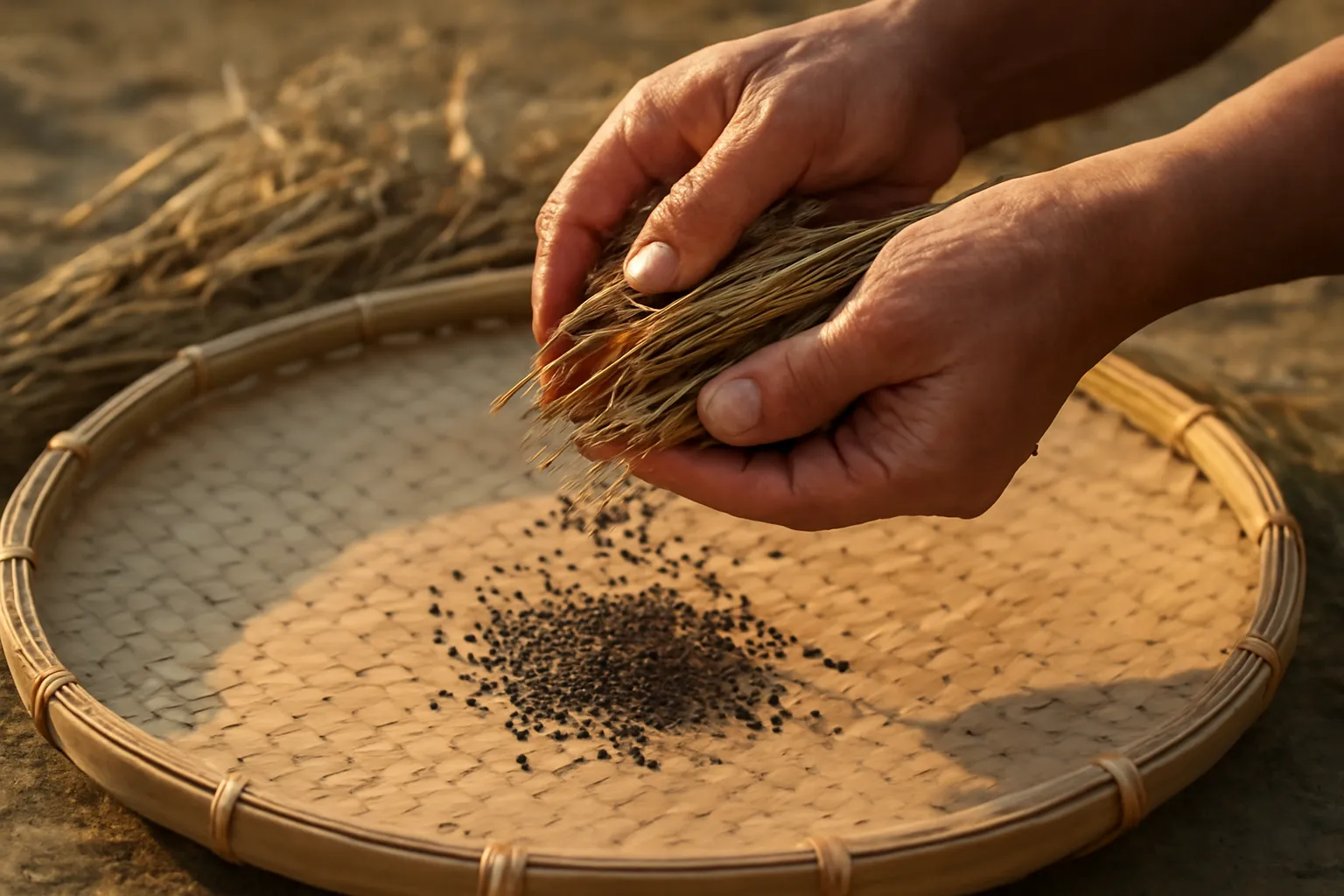 Cây cải ngồng già khô quả, bàn tay tuốt hạt nhỏ vào chiếc nia tre