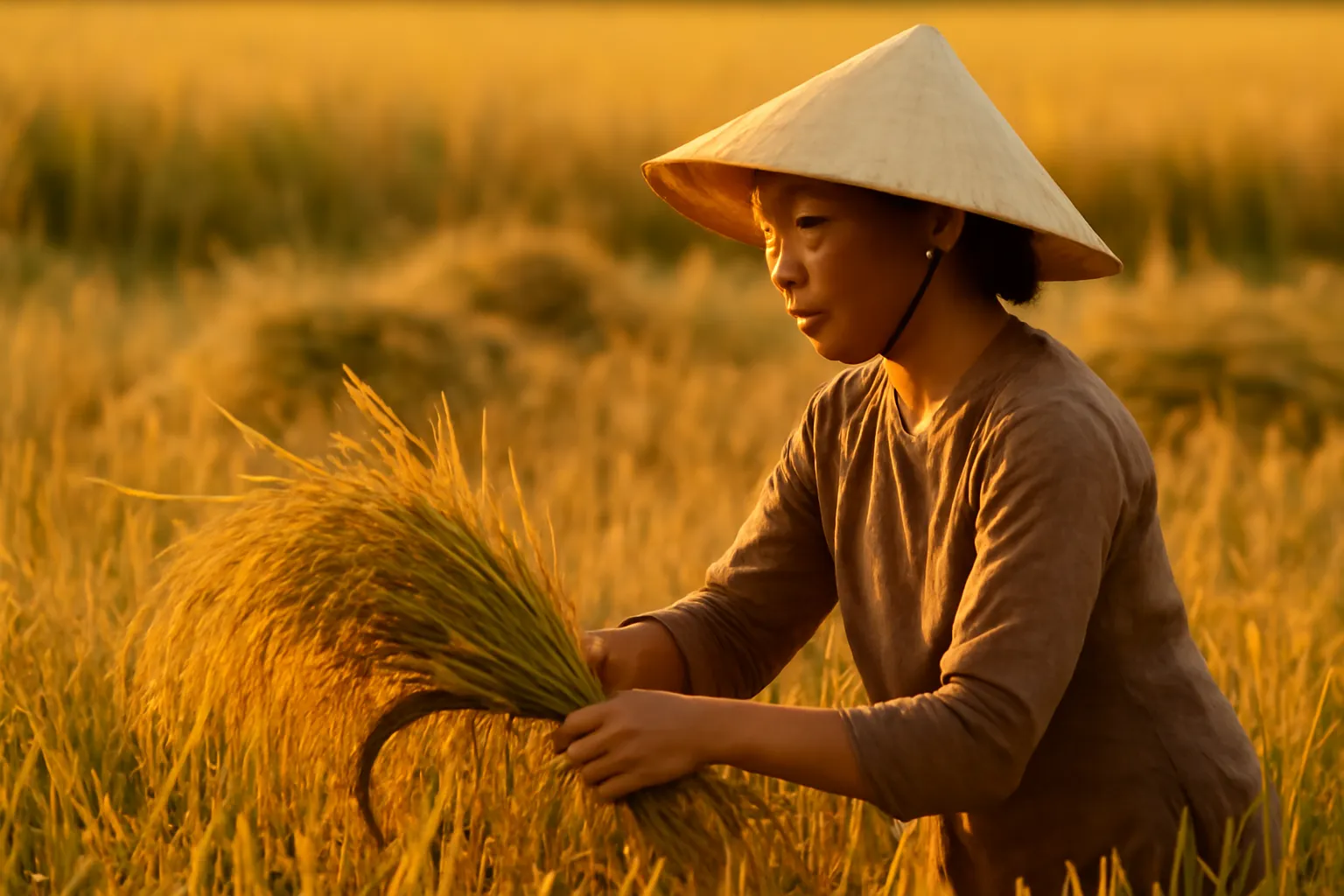 Người phụ nữ đội nón lá gặt lúa bằng liềm trên ruộng lúa vàng lúc nắng xế