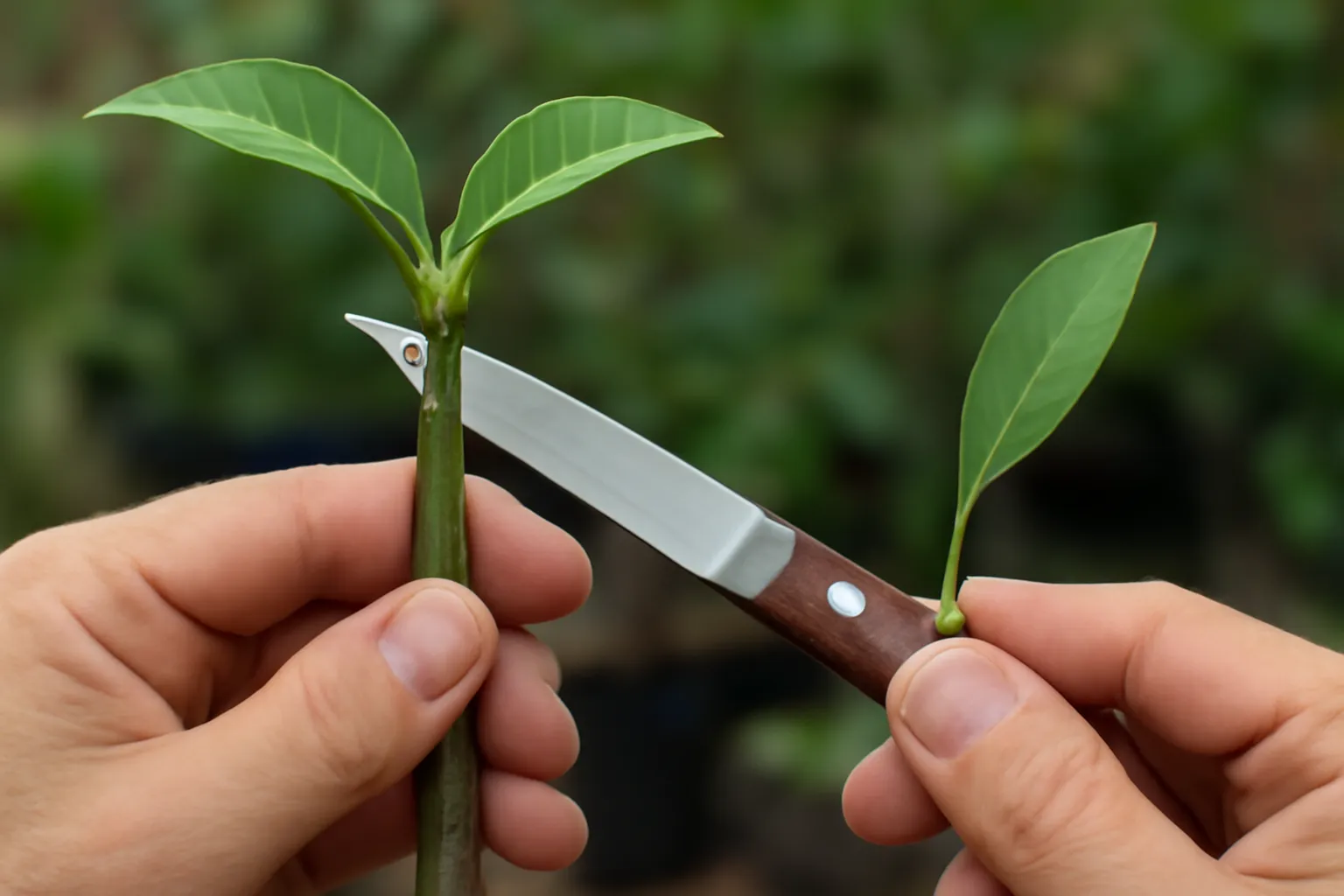 Lưỡi dao ghép đang chẻ nêm trên gốc xoài non ở vườn ươm nhà