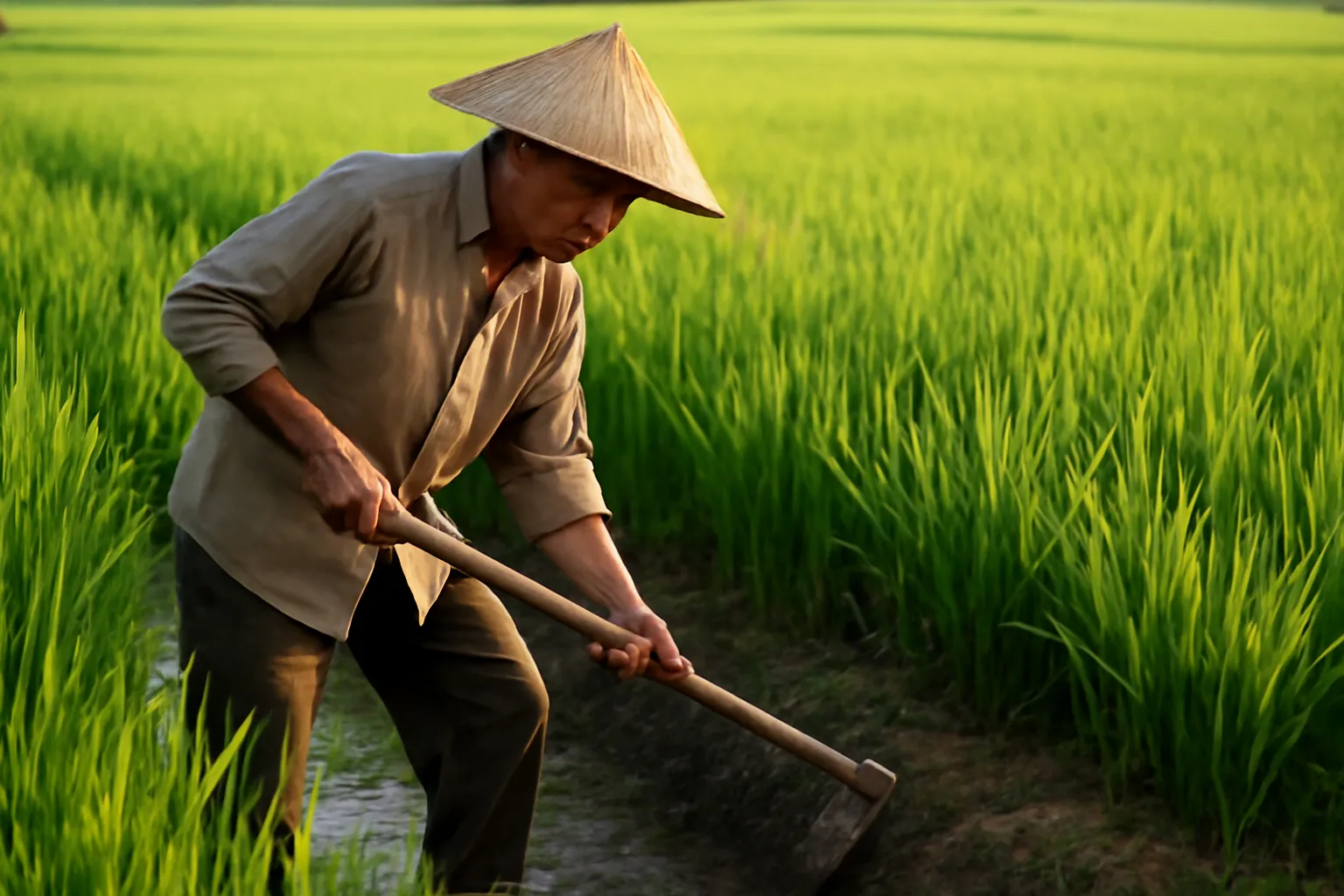Ông nông dân đắp bờ, khơi lỗ tháo nước ruộng lúa lúc chiều nắng xiên