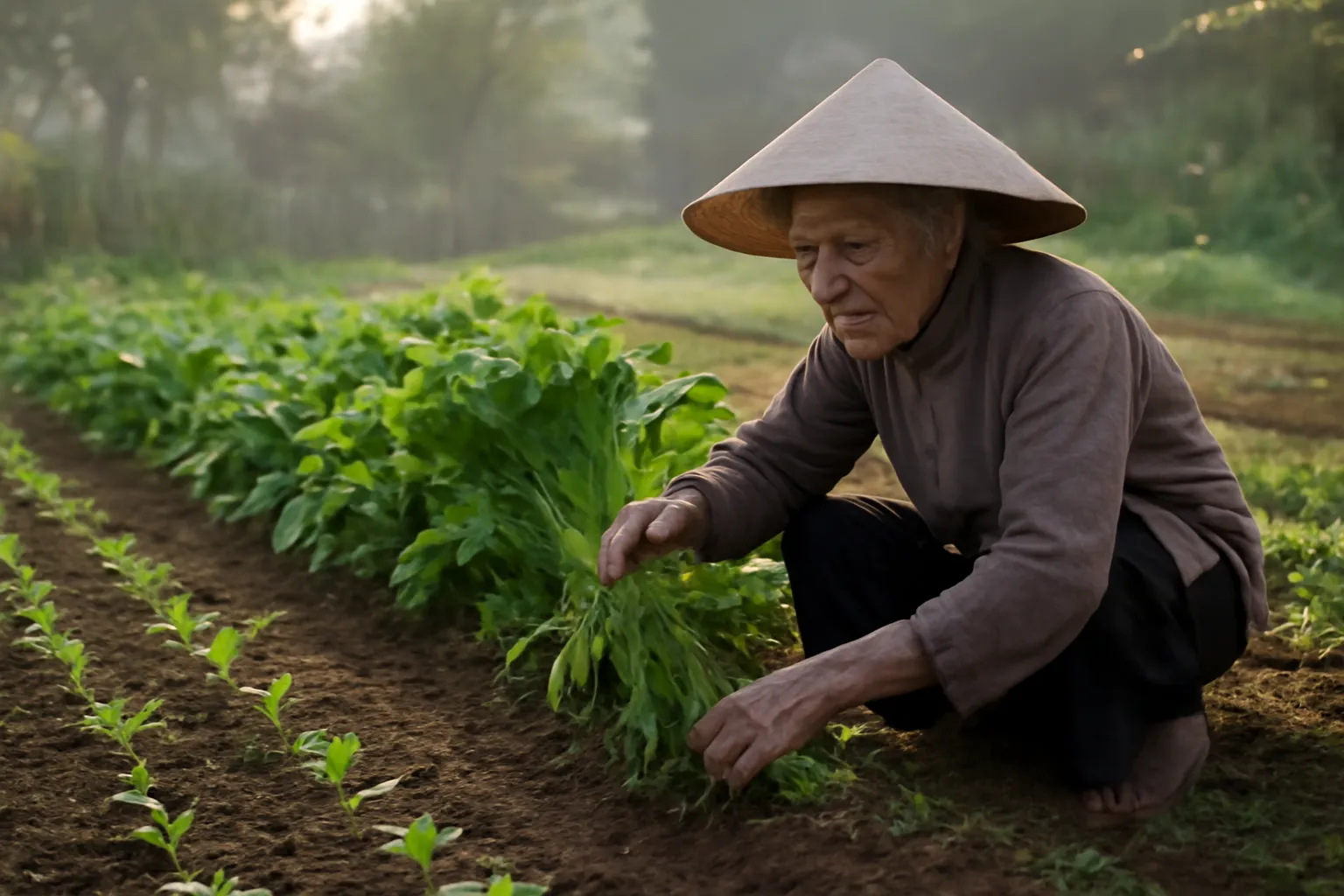 Bà cụ nhổ cải già bên cạnh hàng cây con vừa được trồng gối