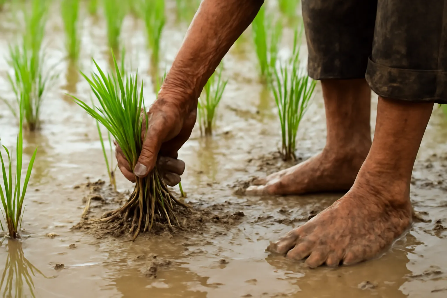 Bàn chân lội bùn và bàn tay vuốt quanh gốc lúa xanh trên ruộng