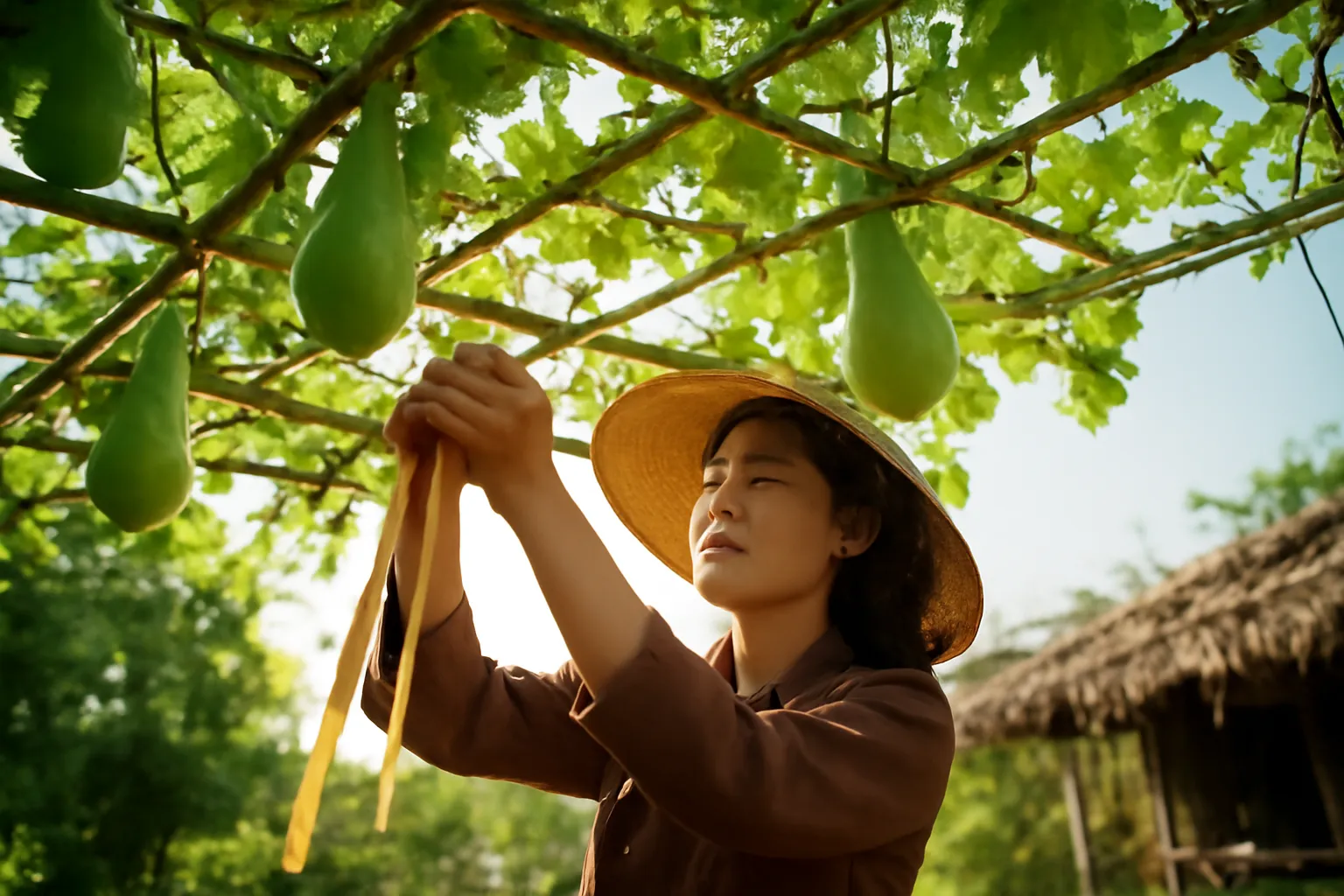 Cô gái buộc lạt tre trên giàn bầu có quả treo lủng lẳng buổi chiều