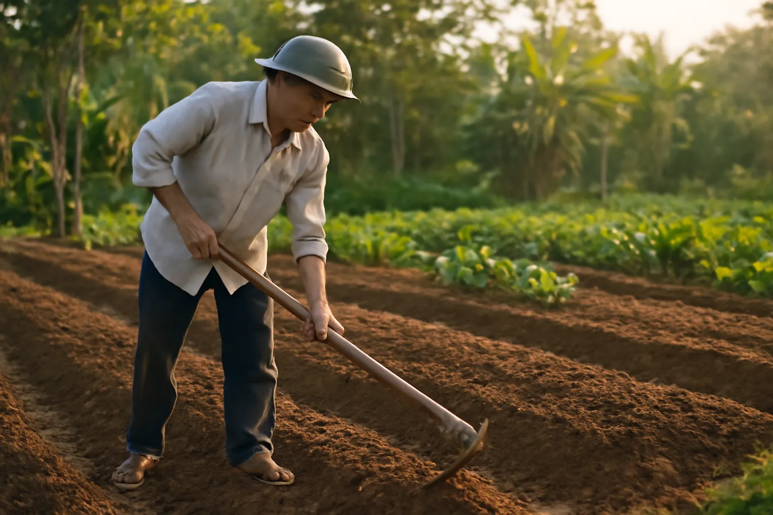 Người đàn ông dùng cuốc kéo đất lên luống rau nâu sẫm buổi sáng