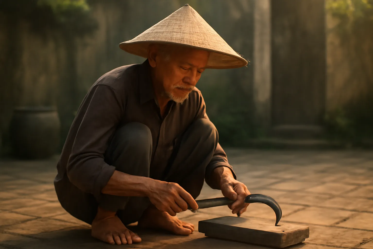 Ông già ngồi xổm mài liềm trên phiến đá, bên cạnh bát nước