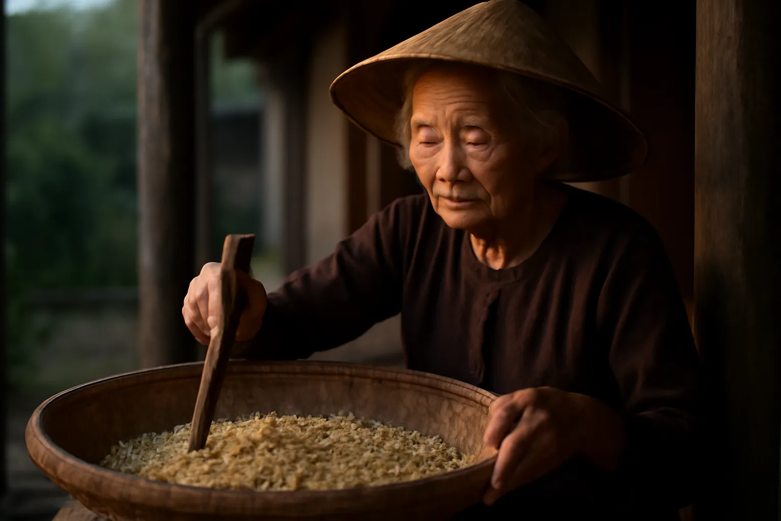 Bàn tay bà cụ bới thóc giống đã nứt nanh trong thúng tre ngoài hiên