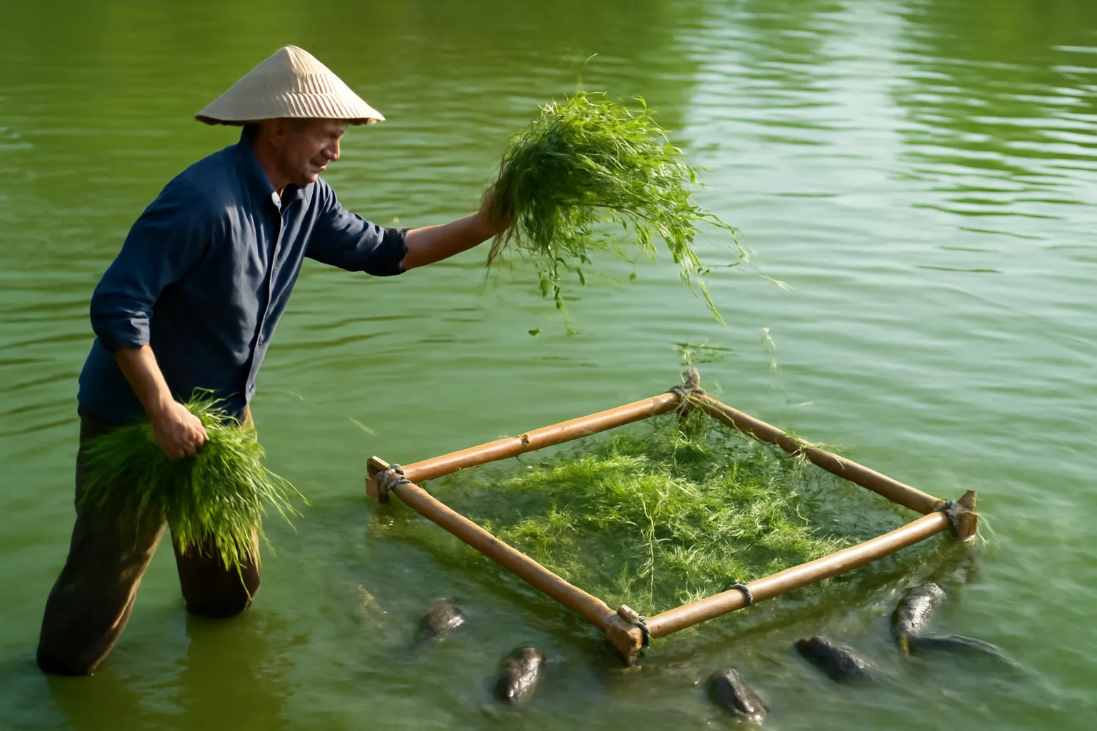 Người cắt cỏ thả vào khung tre nổi giữa mặt ao cho cá trắm ăn