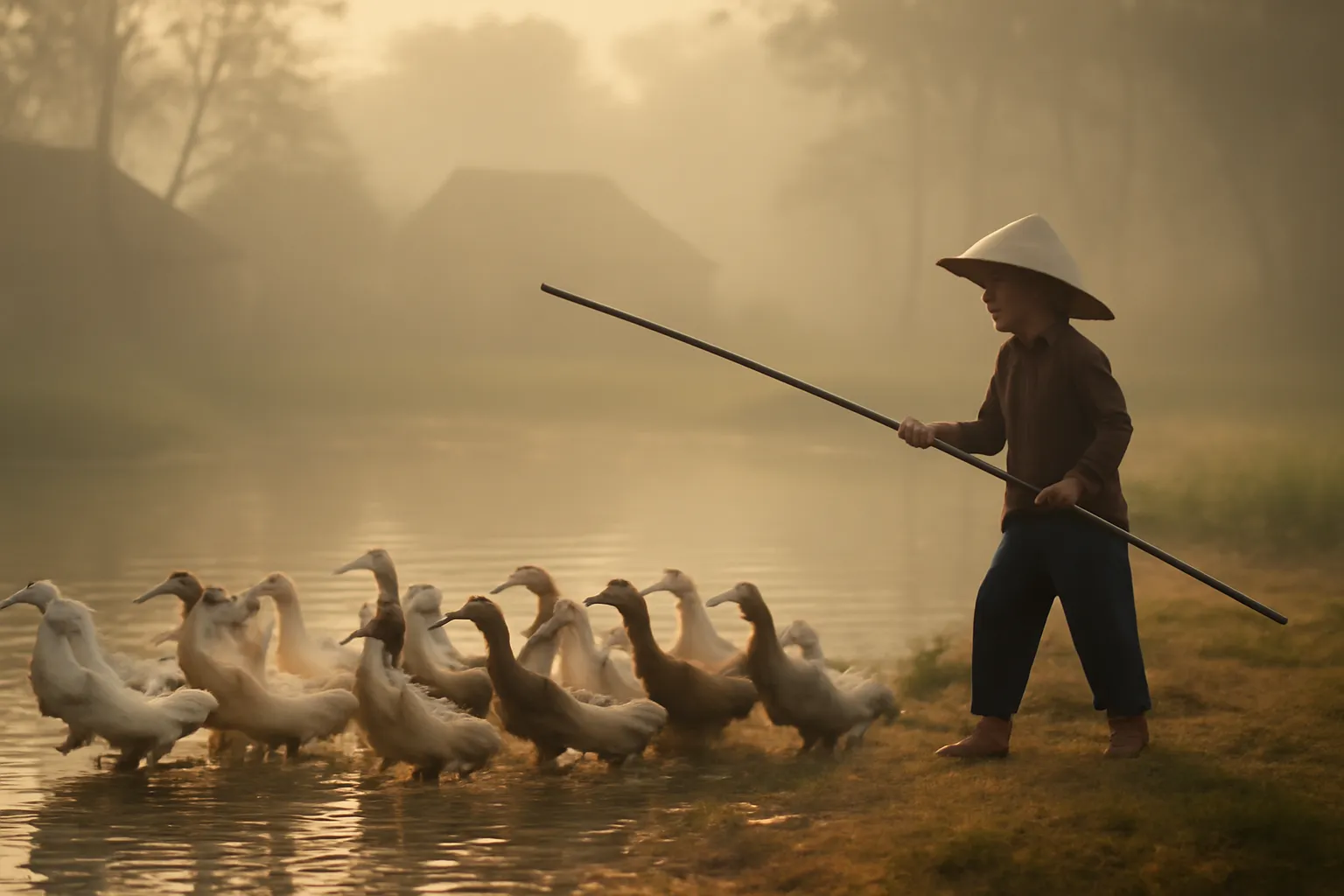 Đàn vịt được cậu bé cầm sào lùa xuống ao làng buổi sáng