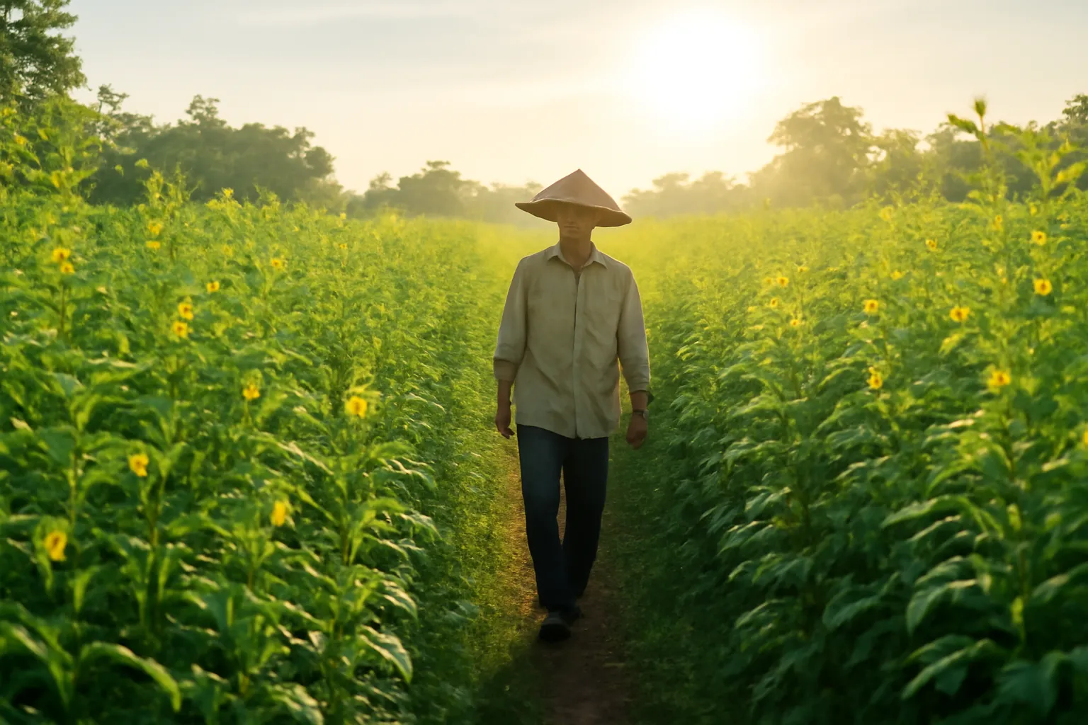 Ruộng điền thanh hoa vàng cao ngang ngực người trước mùa cày vùi
