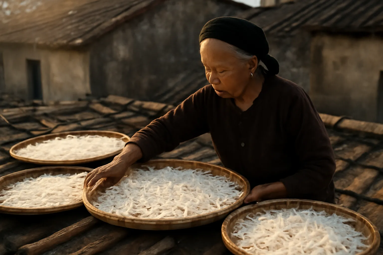 Những mẹt củ cải thái sợi trắng phơi trên mái hiên dưới nắng hanh