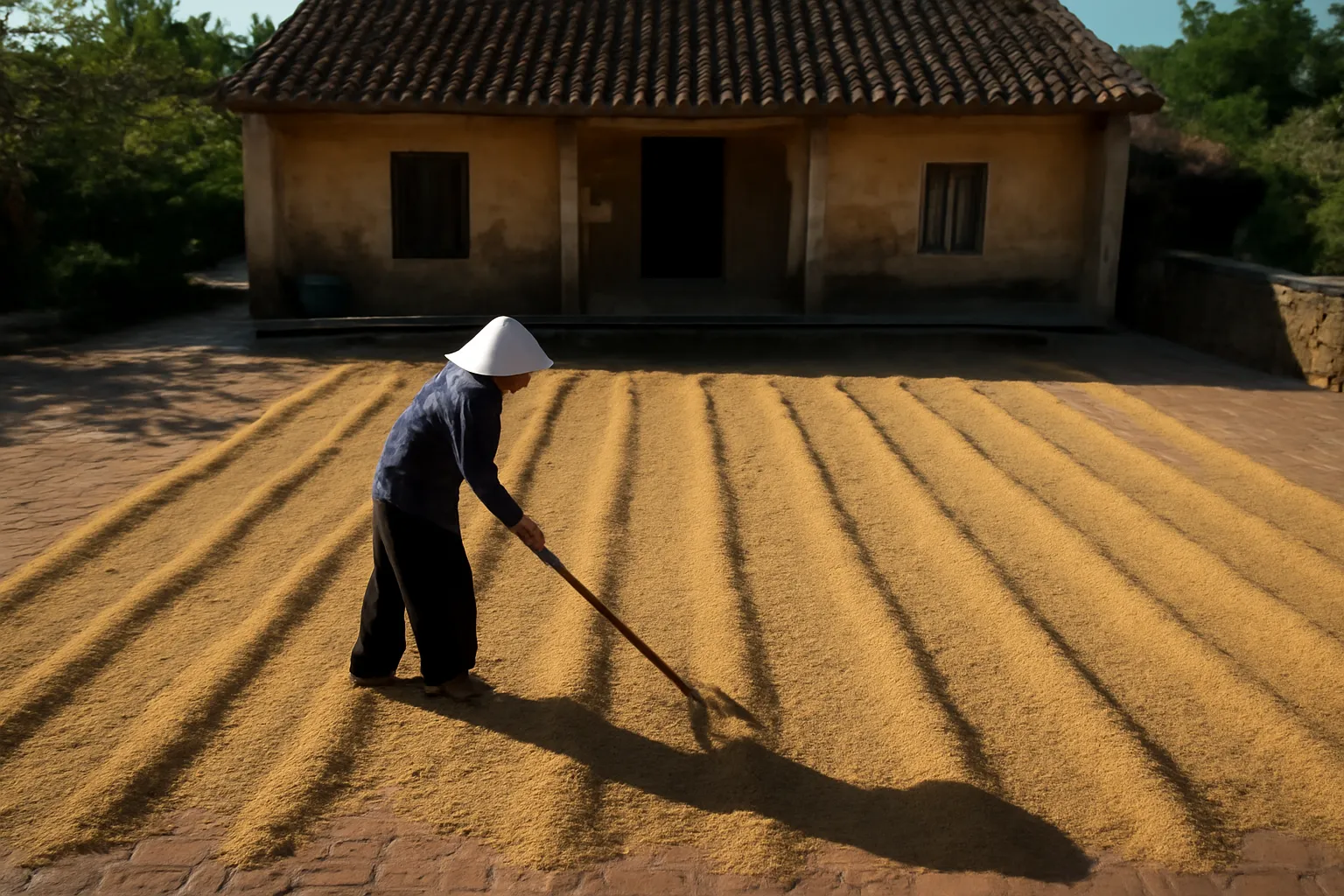 Người phụ nữ đội nón cào thóc vàng thành luống trên sân gạch nắng trưa