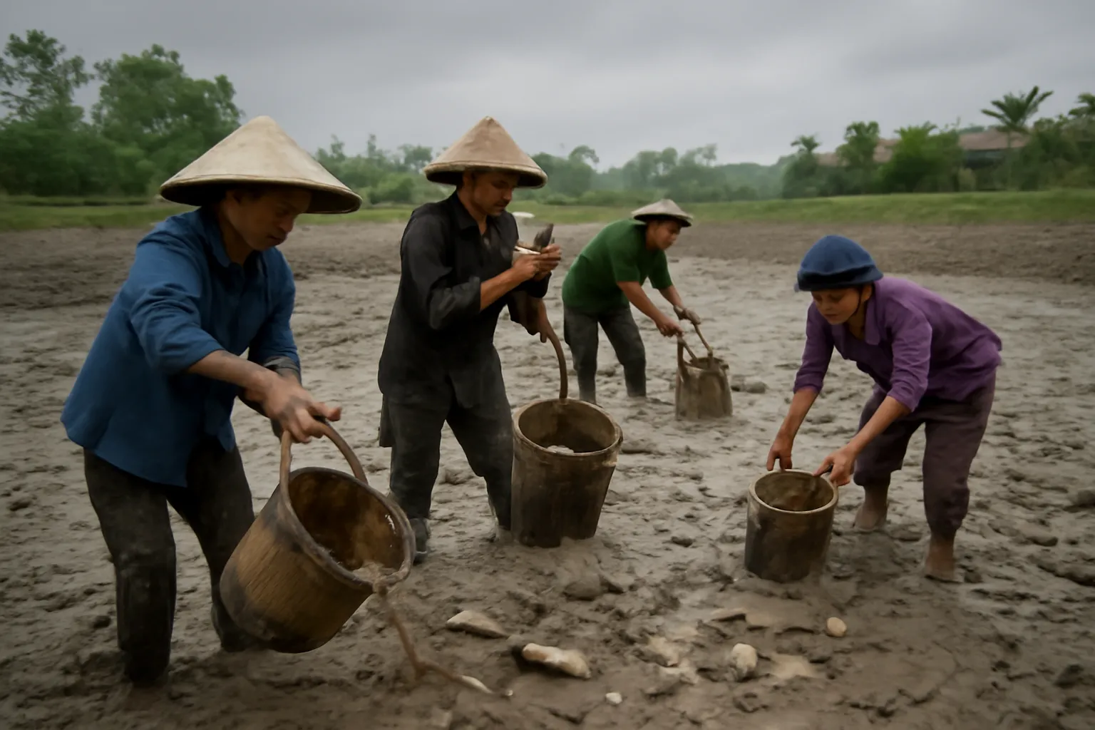 Nhóm người tát ao bằng gầu dai, bùn ngập chân, cá quẫy dưới đáy