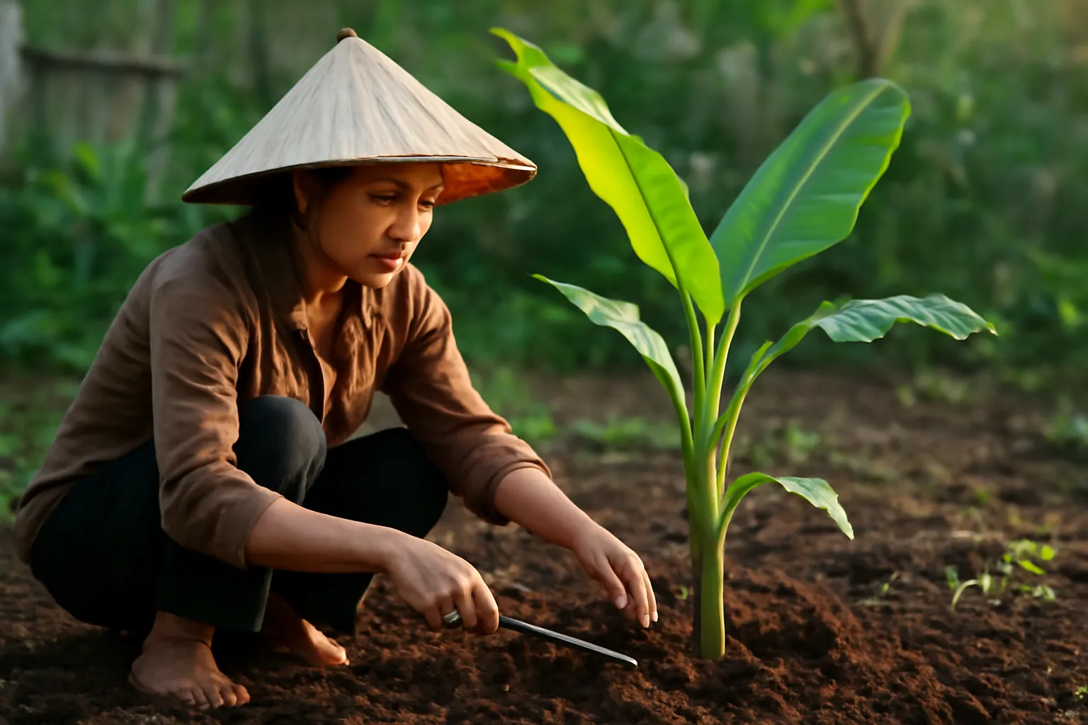 Người phụ nữ dùng thuổng tách con chuối lá lưỡi mác khỏi bụi mẹ