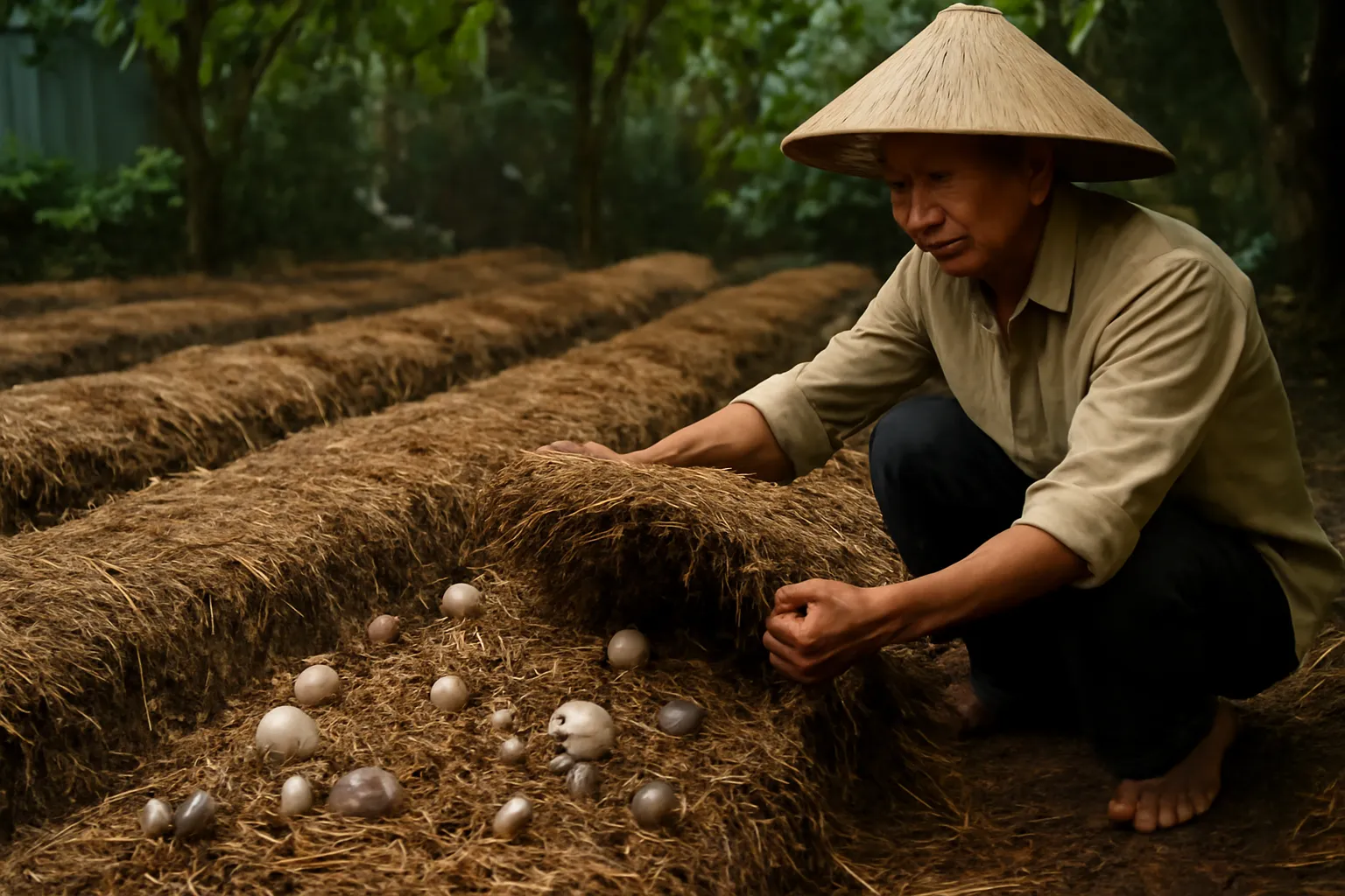 Luống rơm ủ nấm với những cúc nấm rơm trắng xám nhú lên dưới lớp rơm