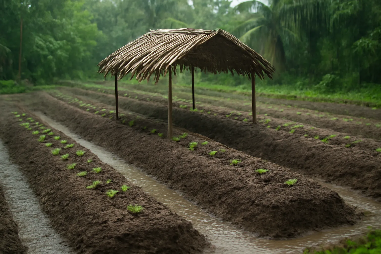 Luống rau mui rùa dưới cơn mưa, mái che lá dừa ở vườn miền Tây