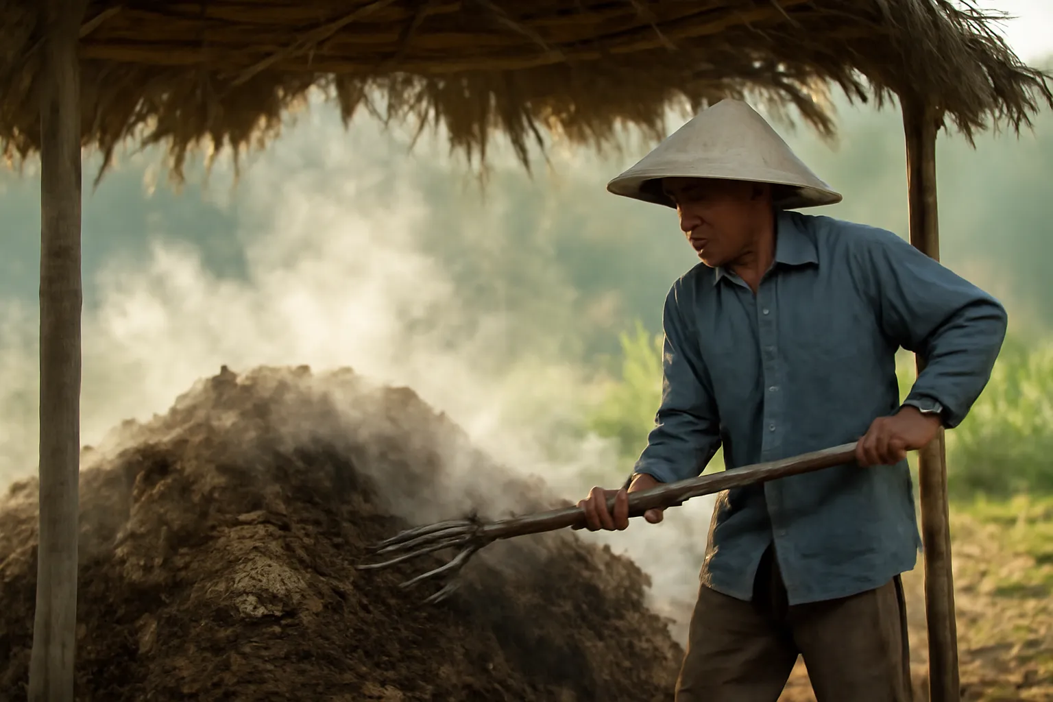 Đống phân ủ trát bùn khô, người nông dân cầm chĩa đảo một góc