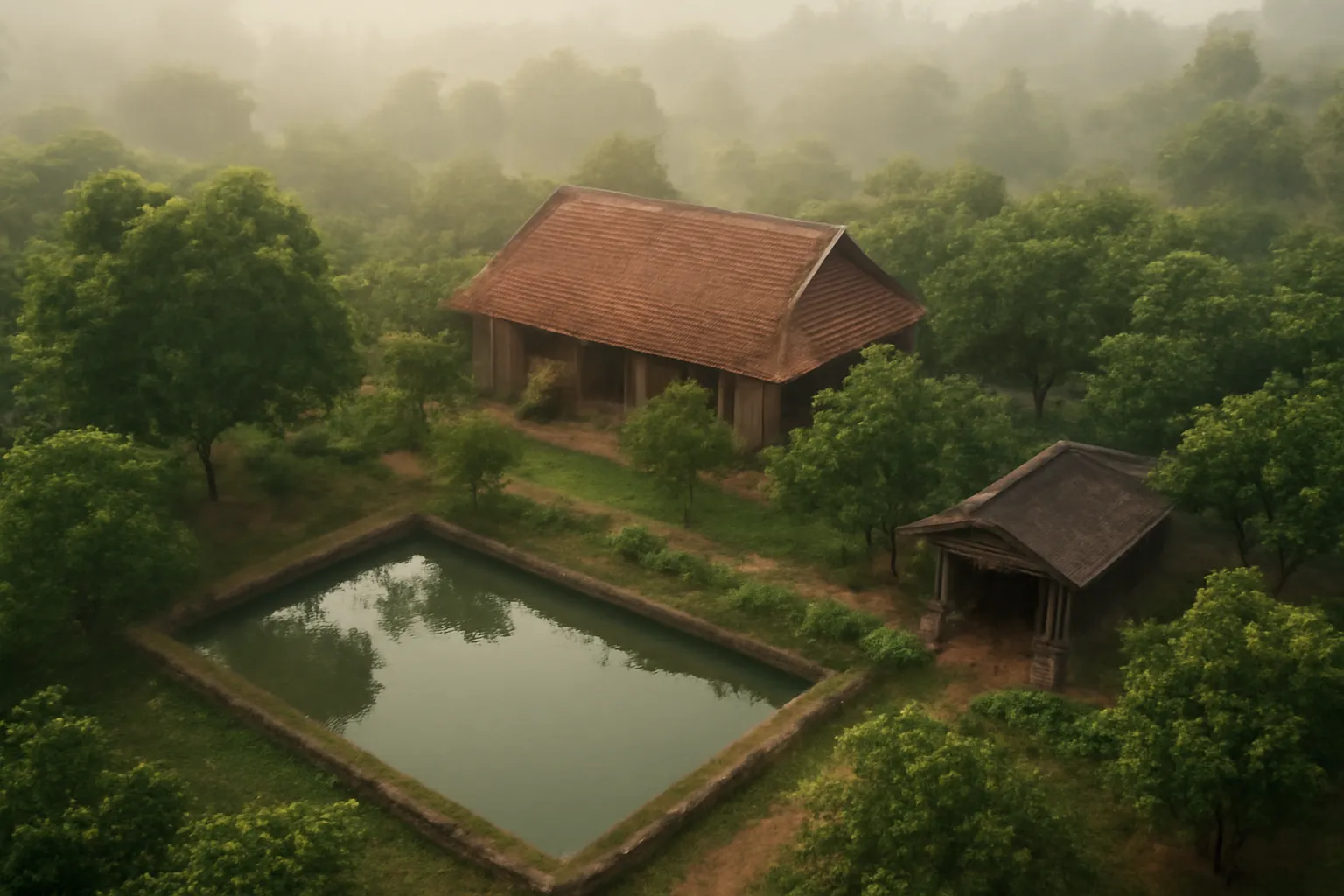 Nhìn từ trên cao khu nhà có ao cá, chuồng gia súc và vườn cây quanh