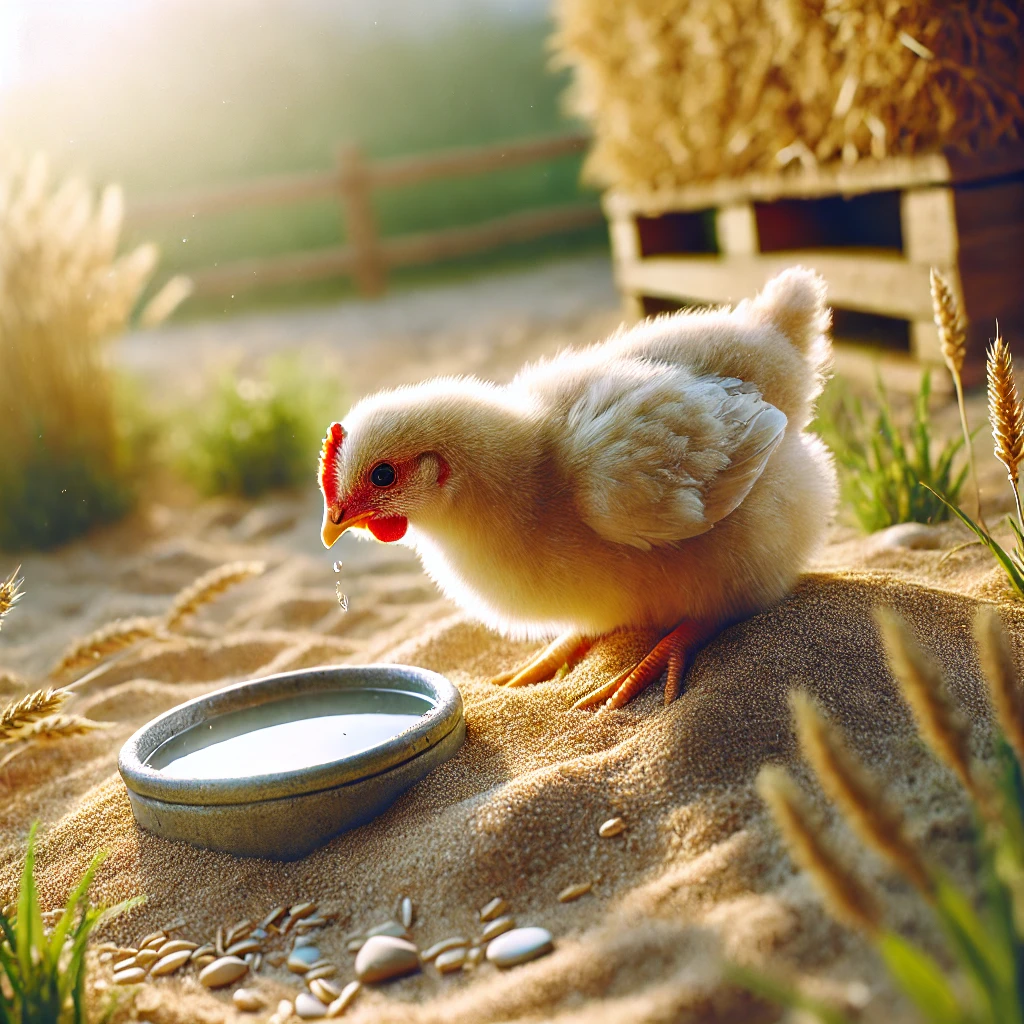 Dall·e 2024 12 13 10.57.33 A Realistic Depiction Of A Chicken Outdoors, Eating Sand And Drinking Water Near A Small Container. The Chicken Is Surrounded By A Natural Rural Envir