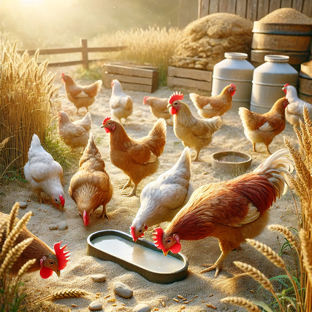 Dall·e 2024 12 13 10.58.09 A Detailed And Realistic Depiction Of Multiple Chickens Outdoors, Eating Sand And Drinking Water Near Several Small Containers. The Setting Includes A