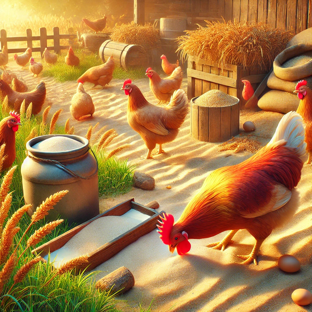 Dall·e 2024 12 13 10.58.36 A Vibrant And Realistic Scene With A Flock Of Chickens Outdoors, Actively Eating Sand And Drinking Water From A Variety Of Containers. The Setting Fea