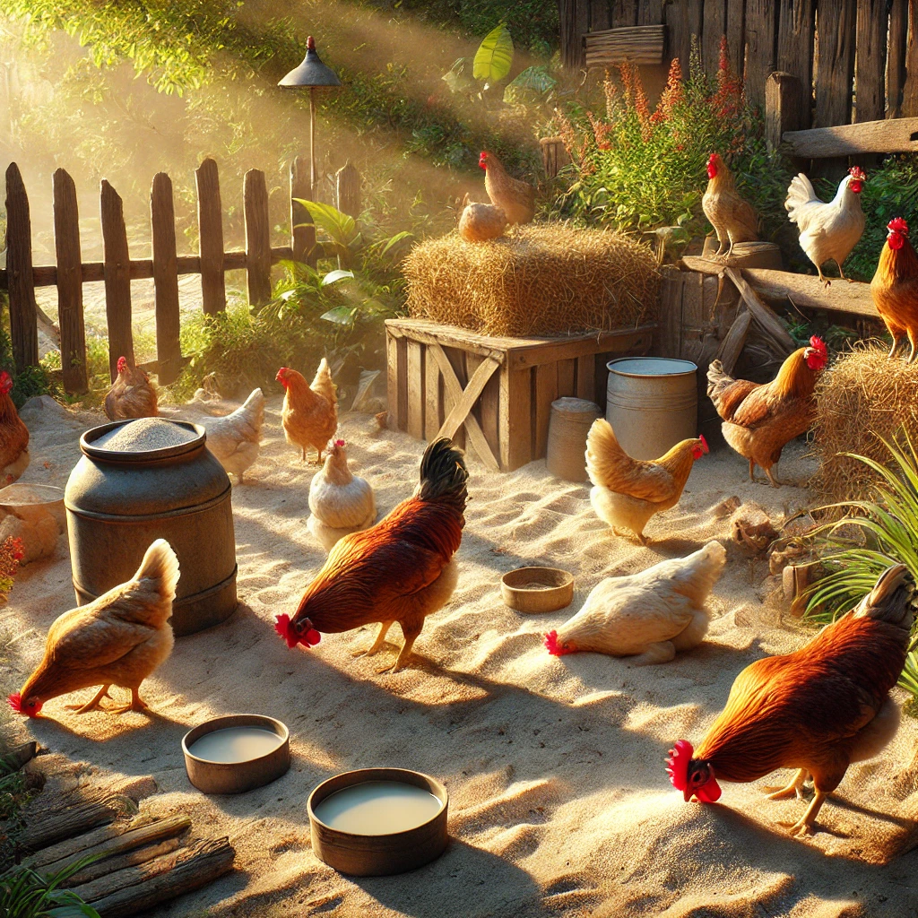 Dall·e 2024 12 13 10.58.52 A Highly Detailed Scene With Even More Chickens Outdoors In A Rural Environment, Eating Sand And Drinking Water From Various Containers. The Setting F