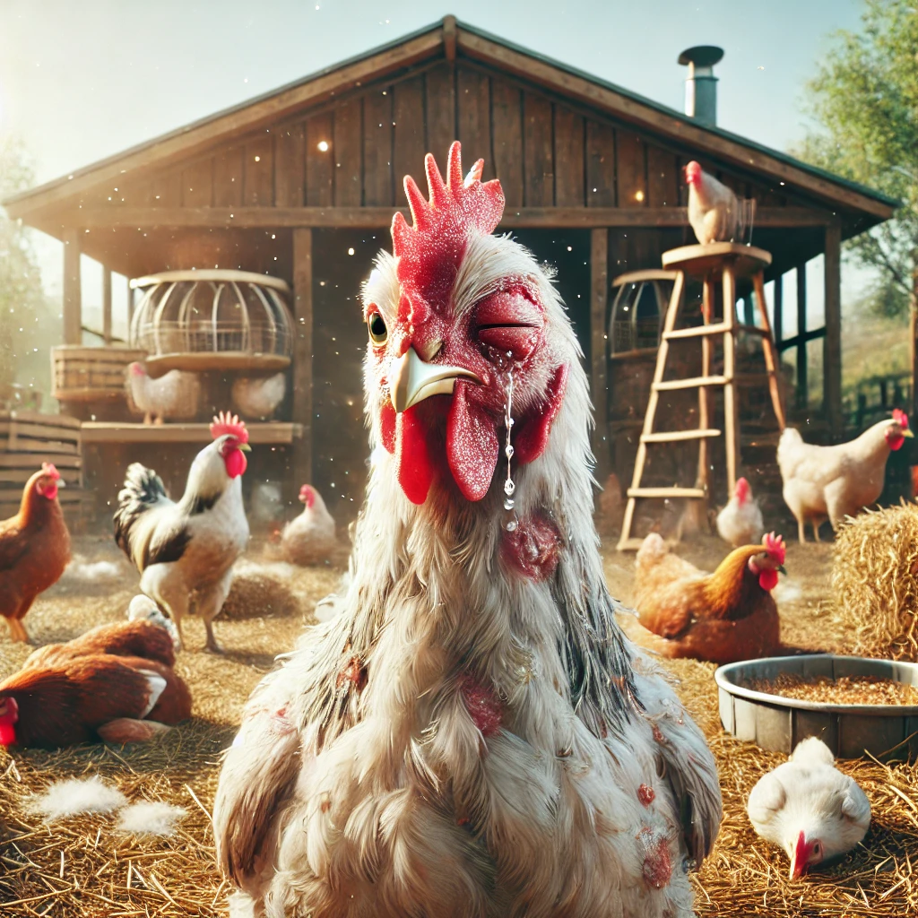 Dall·e 2024 12 13 11.06.38 A Comprehensive And Detailed Farmyard Scene Featuring A Chicken With One Eye Closed, Showing Symptoms Such As Swelling, Redness, Or Discharge Due To A