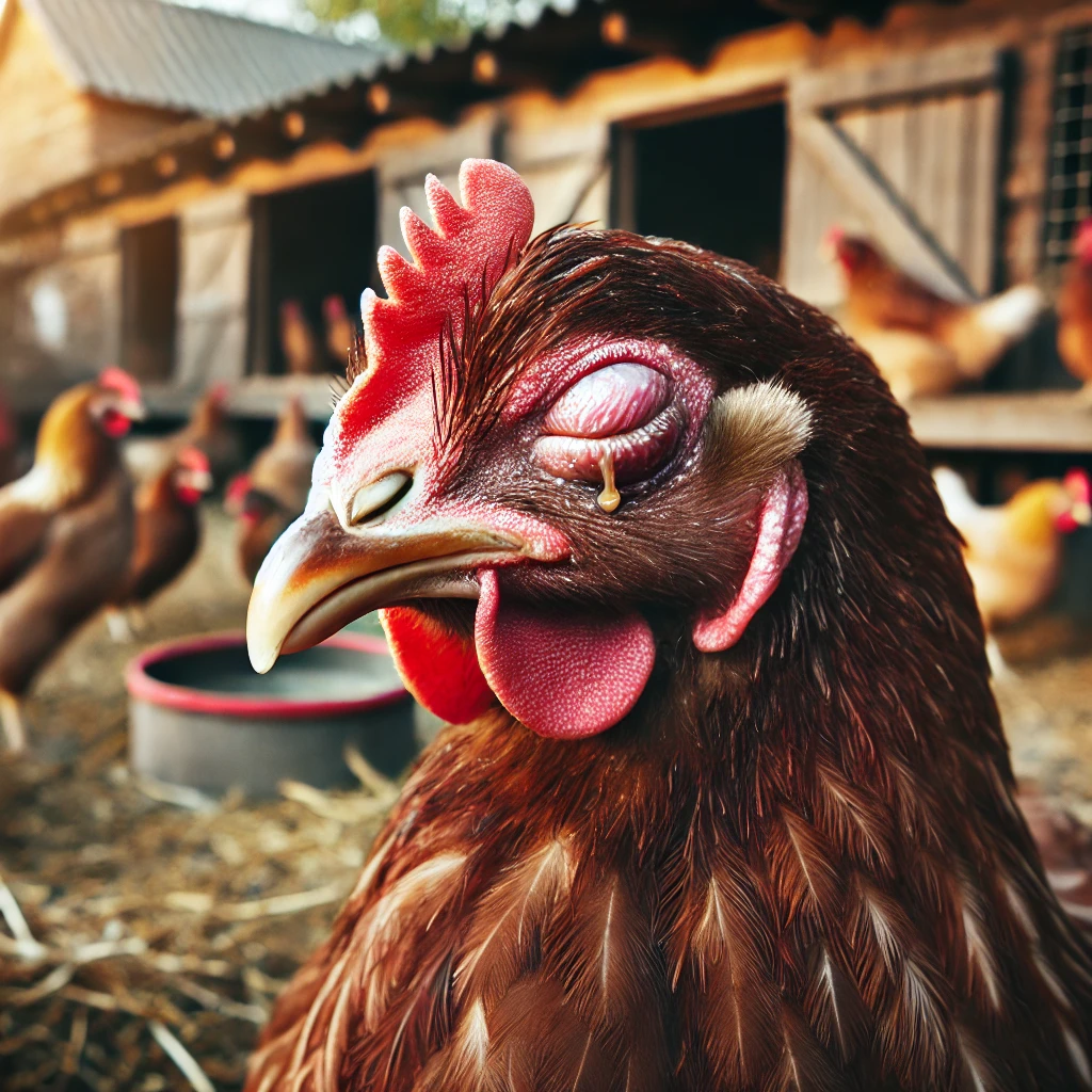 Dall·e 2024 12 13 11.07.12 A Close Up View Of A Chicken With One Eye Closed, Showing Detailed Symptoms Such As Swelling, Redness, Or Discharge Indicative Of Conjunctivitis Or A